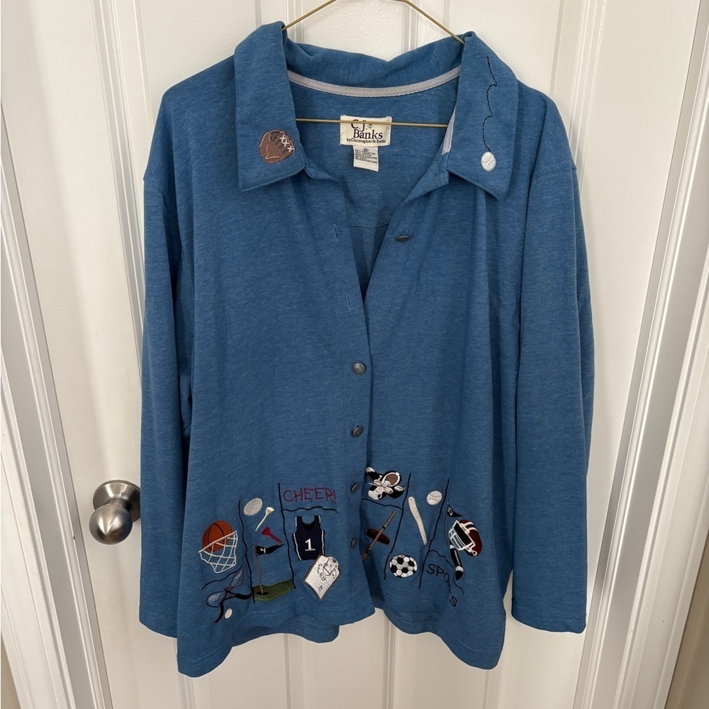 C.J. Banks Vintage Blue Sports Embroidered Shacket Teacher Kidcore Gym Teacher - Picture 2 of 12